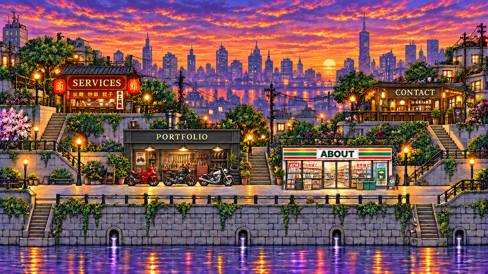 A sunset neighborhood with smoothly illustrated storefronts: a Chinese noodle shop marked Services, a Contact restobar, a busy Portfolio motorcycle workshop, and an About convenience store with orange, green and red stripes. A balut vendor beside the workshop offers the résumé. Paths and stairs connect the terraces above a canal.