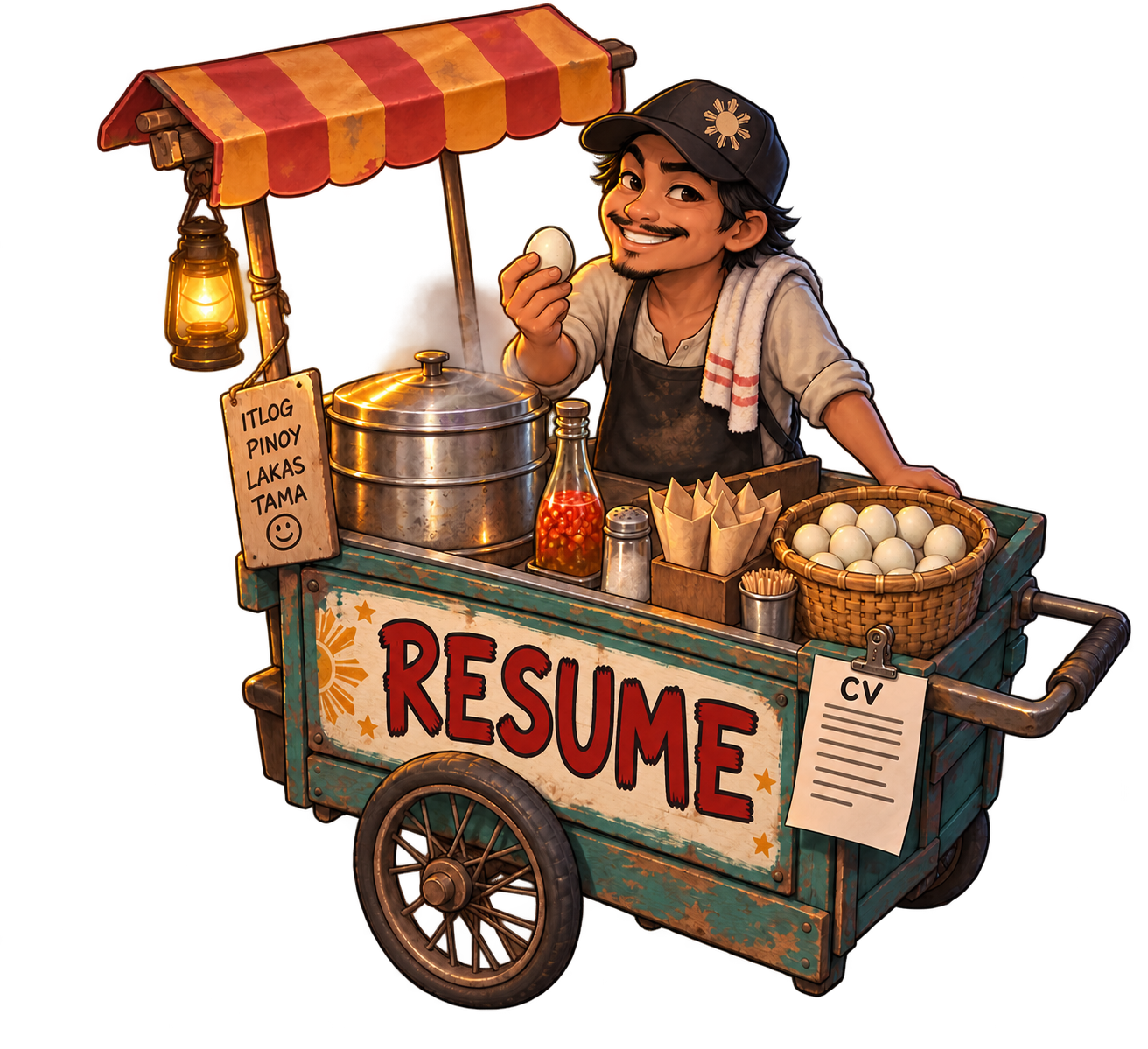 A balut vendor with a steaming egg pot and a CV clipped to his cart